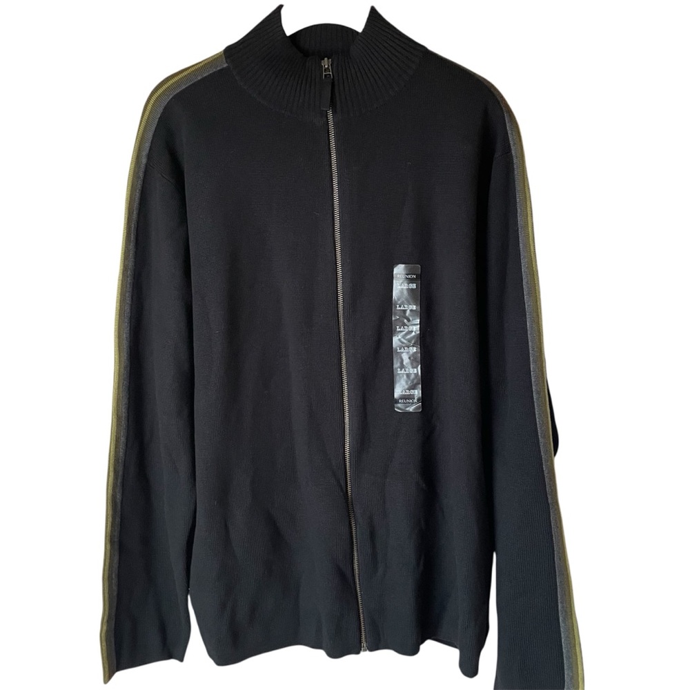Reunion Vintage Black Zip Up Sweater‎ with Sleeve Stripes, L